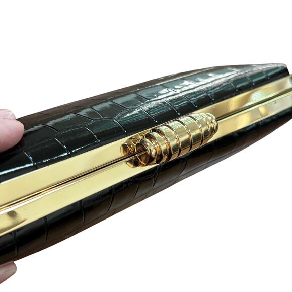 Vintage 1990’s black patent box style evening bag purse moc croc texture clutch - Picture 5 of 8